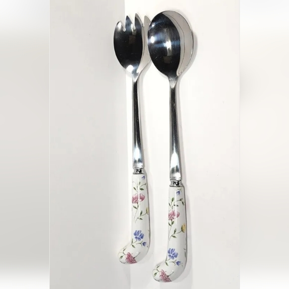 Sheffield England Porcelain Salad Fork Spoon Spork Set Pink Rose Yellow Flower - Picture 6 of 8
